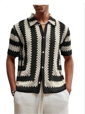Sand Stone Men-Unisex Crochet Button-down Cardigan in Two Tone Grey